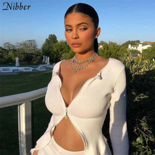 Nibber autumn fashion knit basic white crop tops womens V-neck t-shirts new solid office ladies wild casual tee shirts mujer