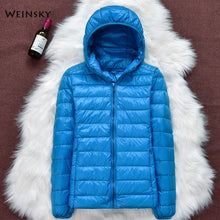 Load image into Gallery viewer, Winter Women Ultralight Thin Down Jacket White Duck Down Hooded Jackets Long Sleeve Warm Coat Parka Female Portable Outwear