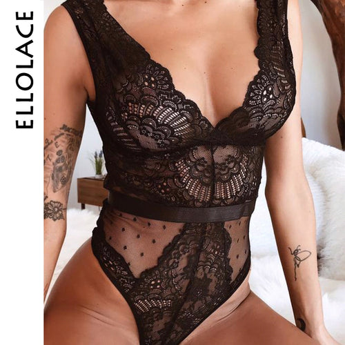 Ellolace V Neck Sexy Bodysuit