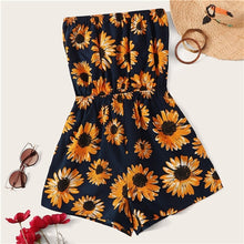 Load image into Gallery viewer, SHEIN Sunflower Print Tube Romper Boho Strapless Floral Wide Leg Playsuit Black Summer Sleeveless Women Clothing Romper