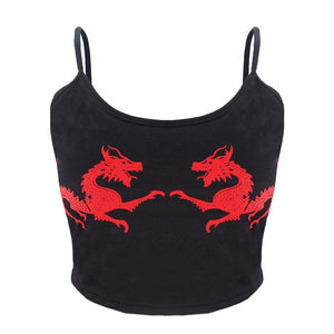 Women femme U Neck Fitness Casual Sexy Fashion Sleeveless Cropped Crop Tops Polyester Dragon Pattern vest