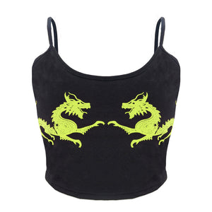 Women femme U Neck Fitness Casual Sexy Fashion Sleeveless Cropped Crop Tops Polyester Dragon Pattern vest