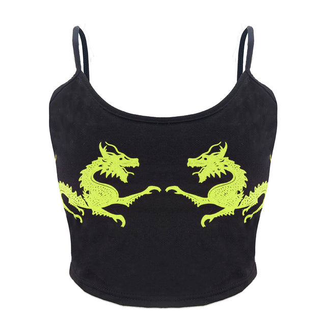 Women femme U Neck Fitness Casual Sexy Fashion Sleeveless Cropped Crop Tops Polyester Dragon Pattern vest