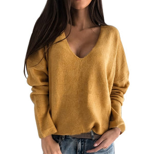 OEAK 2XL Sexy Hollow Out V-neck Knitted Sweater Women Autumn Long Sleeve Candy Basic Top Loose Ladies Sweaters and Pullovers