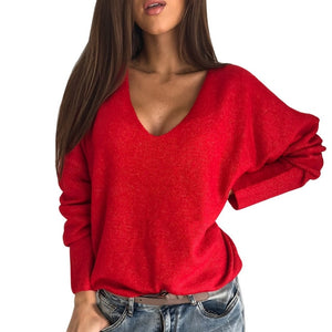 OEAK 2XL Sexy Hollow Out V-neck Knitted Sweater Women Autumn Long Sleeve Candy Basic Top Loose Ladies Sweaters and Pullovers