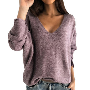 OEAK 2XL Sexy Hollow Out V-neck Knitted Sweater Women Autumn Long Sleeve Candy Basic Top Loose Ladies Sweaters and Pullovers