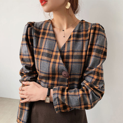 Long Sleeve Plaid Blouse Women 2020 Spring Autumn Korean Office Ladies Elegant V Neck Short Shirts Vintage Female Tops Work