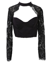 Load image into Gallery viewer, Women Sexy Lace Patchwork Tops Long Sleeve Push Up Padded Bra Sexy Crop Tops Ladies Lace T-Shirt Tops Slim Tops Fashion