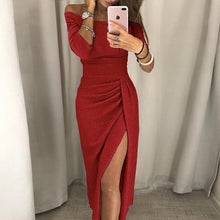 Load image into Gallery viewer, VIEUNSTA Sexy Off Shoulder Party Dress Women High Slit Peplum Bodycon Dress Autumn Three Quarter Sleeve Bright Silk Shiny Dress