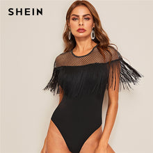 Load image into Gallery viewer, SHEIN Glitter Sheer Yoke Fringe Trim Bodysuit Glamorous Black Contrast Mesh Summer Bodysuit Women Sleeveless Sexy Bodysuits