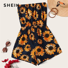 Load image into Gallery viewer, SHEIN Sunflower Print Tube Romper Boho Strapless Floral Wide Leg Playsuit Black Summer Sleeveless Women Clothing Romper